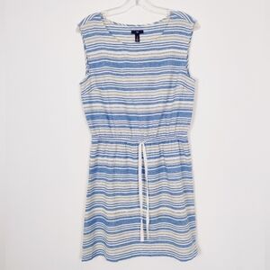 Gap Women's Drop Waist Striped Midi Dress Size Large Linen Cotton Blue White